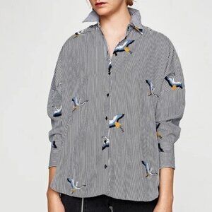 Zara Oversized Bird Embroidered Striped Button Down Shirt Black White Small